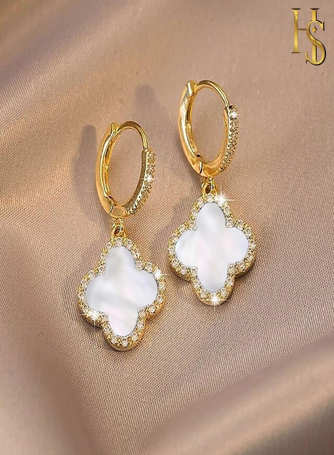 HighSpark Huggie Hoop Clover Earrings for Women | Mother of Pearl Clover Dangle Hoop Earrings | Lovely Gift - White - Image 4